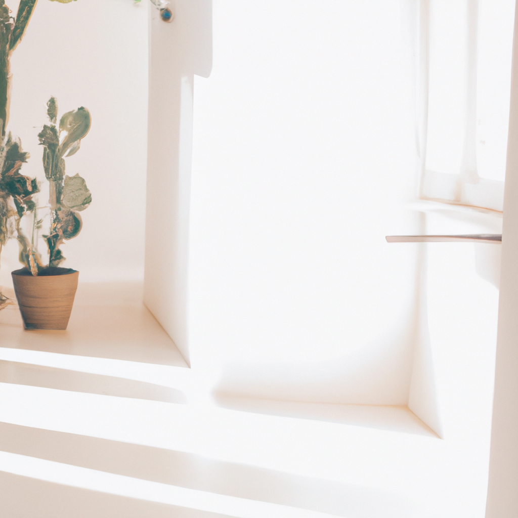 Rincón del estudio con ventana grande y paredes blancas